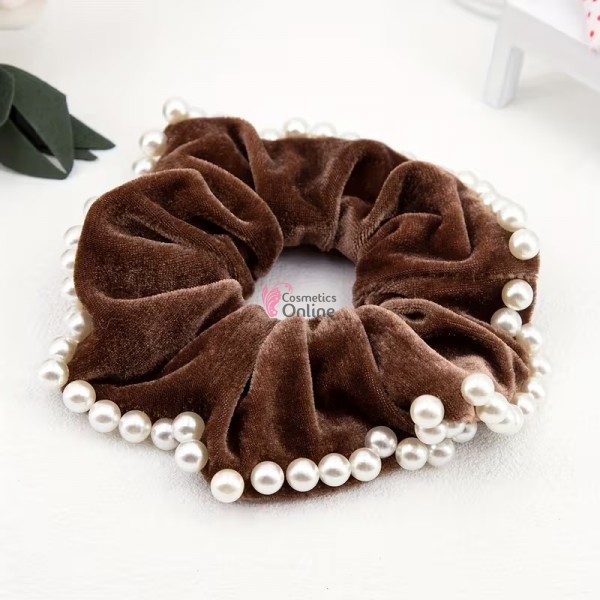 Elastic pentru par Cod ECD007CC din catifea Cafenie cu perle sidefate